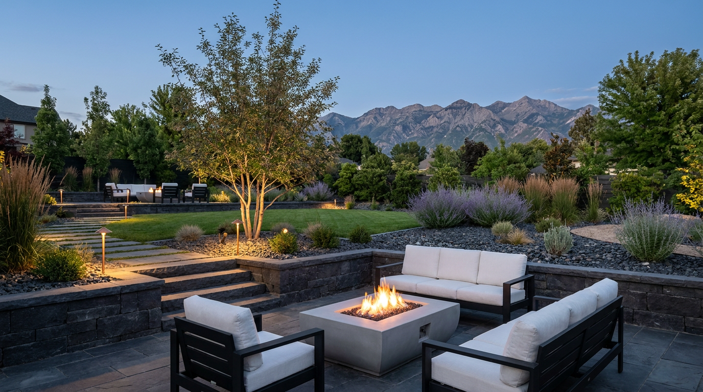 Modern patio with white cushioned seating around a square fire pit, landscaped yard, and mountain view at dusk—designed with a commitment to service that ensures every detail meets your highest expectations.