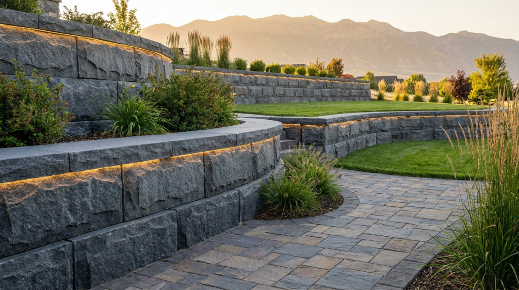 Curved stone retaining walls with built-in lighting border terraced landscaping, brick pathways, and green grass, showcasing expert retaining wall installation against a stunning Utah backdrop with mountains visible in the background at sunset.