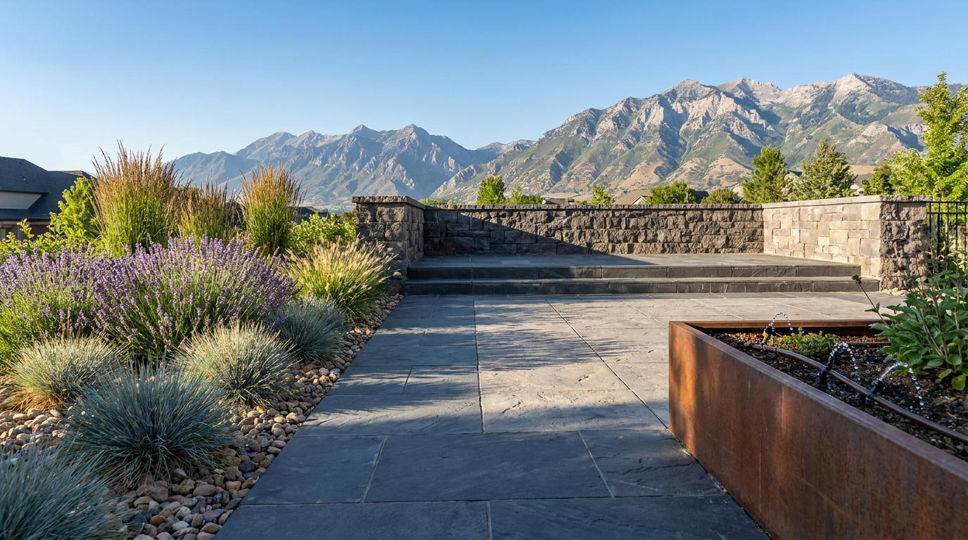 Stone patio with modern planters and ornamental grasses, featuring a backdrop of mountains under a clear blue sky.