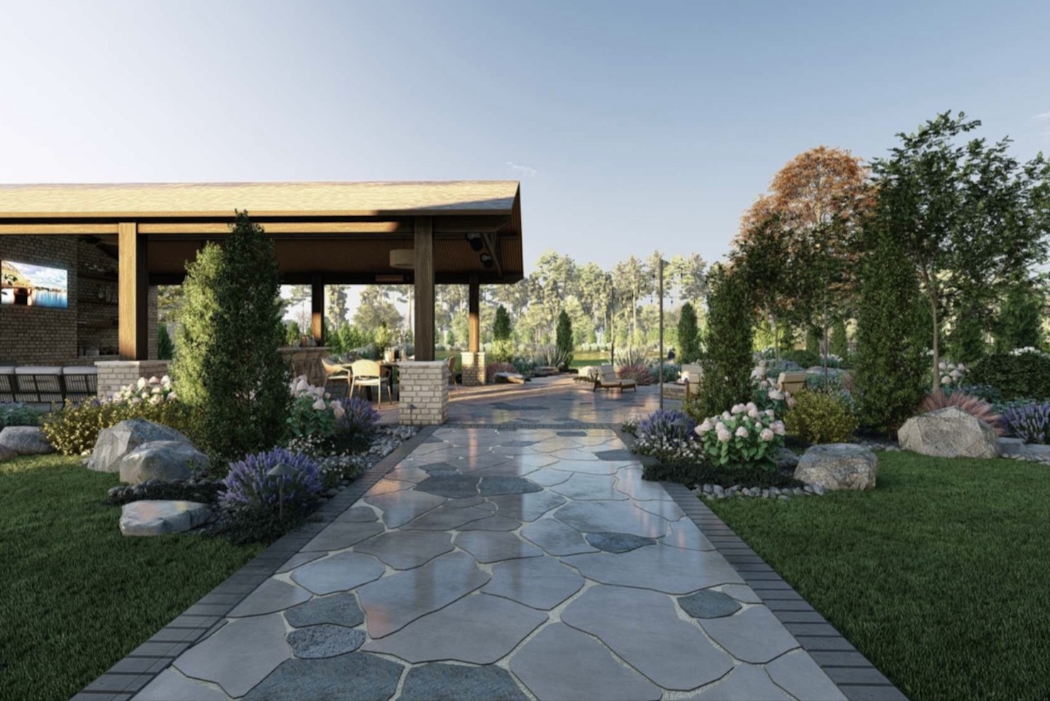 A stone walkway leads through landscaped gardens to a covered outdoor structure with seating, showcasing thoughtful landscape design and lush greenery—perfect inspiration for your next backyard remodel.