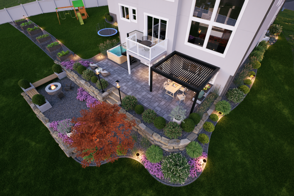 A landscaped backyard by AJA Landscaping Services with a patio, pergola, dining area, fire pit, and children’s playset—bordered by garden beds and outdoor lighting. Read our testimonials to see what customers say about their experience!.