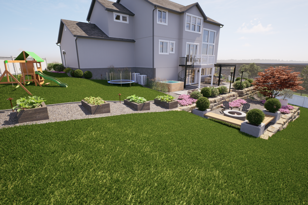A modern backyard with a playset, raised garden beds, trampoline, fire pit area, and landscaped plants beside a two-story gray house—beautifully crafted by AJA Landscaping Services. Explore customer reviews to see satisfied families’ testimonials.