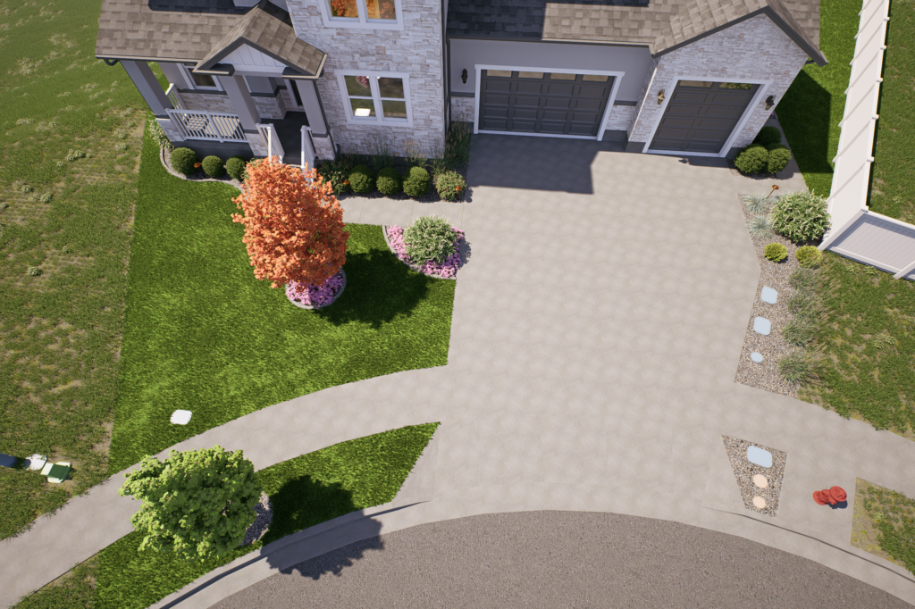 Aerial view of a suburban house by AJA Landscaping Services, featuring a two-car garage, curved sidewalk, green lawn, trees, bushes, and flower beds—discover why customer reviews praise its vibrant curb appeal.
