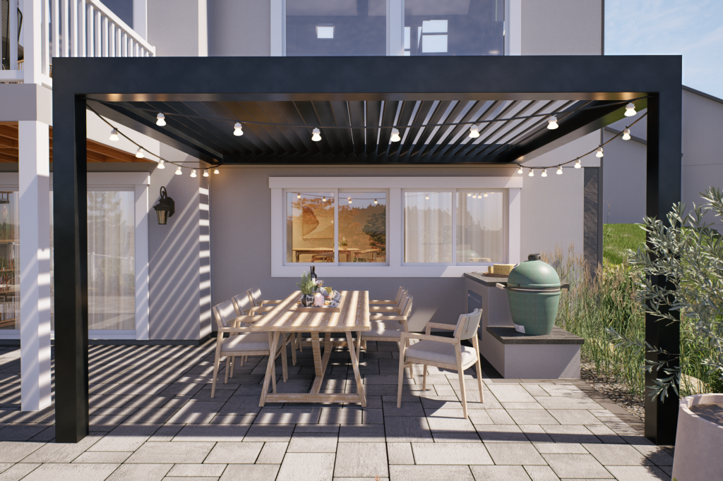 A modern patio by AJA Landscaping Services features a black pergola, string lights, a dining table for eight, and a green ceramic grill on a stone deck—just one of many designs praised in customer reviews.