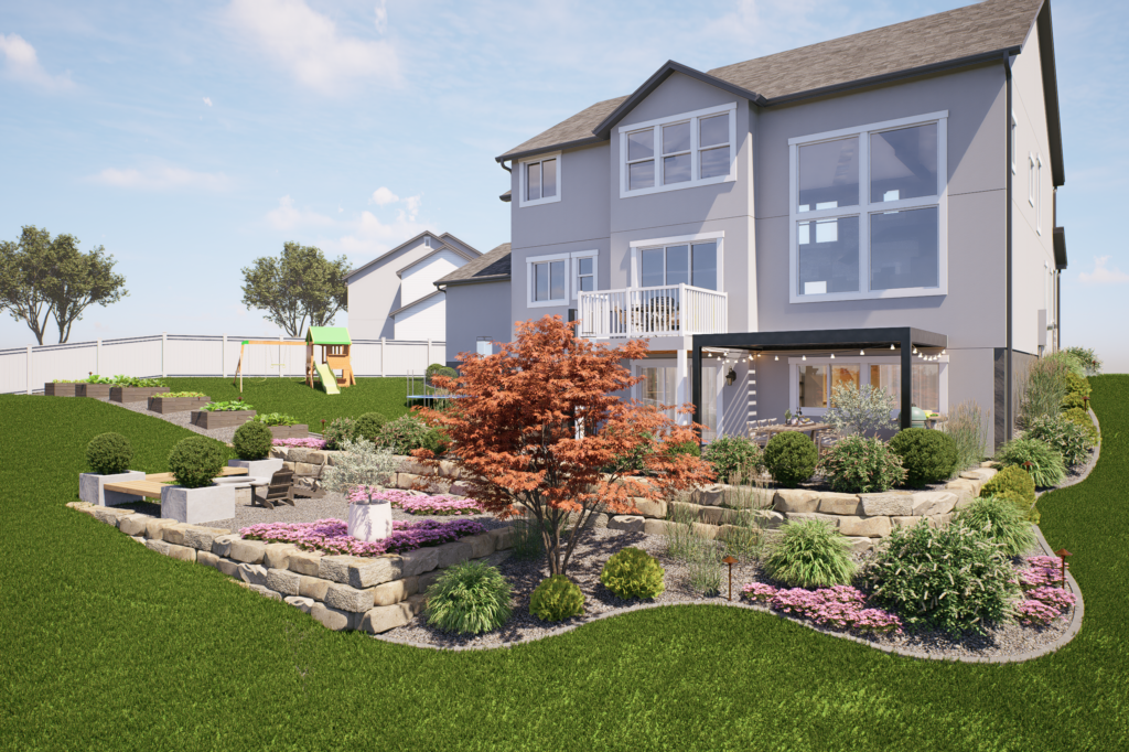 Backyard of a two-story house with landscaped garden by AJA Landscaping Services, stone retaining walls, patio seating area, pergola, lawn, and a children's playset in the background—see why customer reviews praise this inviting outdoor space.