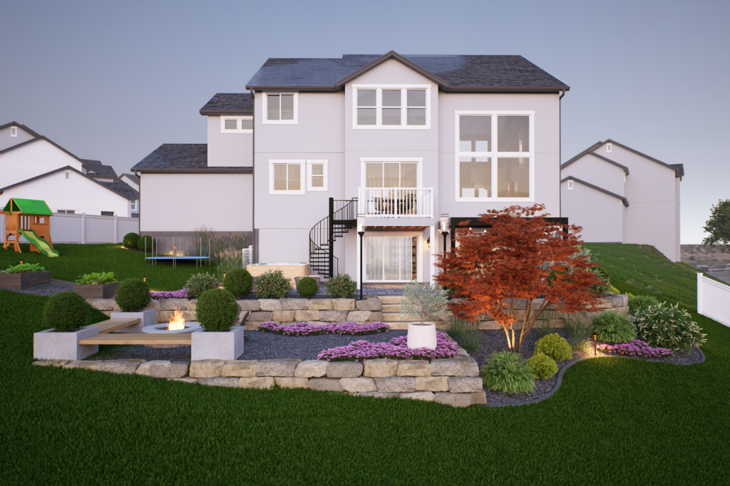 Backyard of a two-story house with a spiral staircase, landscaped garden by AJA Landscaping Services, stone retaining walls, fire pit area, and playset on a grassy lawn—see our customer reviews for inspiration.