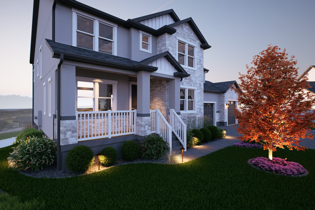 Two-story modern house with stone and siding exterior, manicured lawn by AJA Landscaping Services, shrubs, and a tree with orange leaves, photographed at dusk with landscape lighting—praised in customer reviews for its stunning curb appeal.