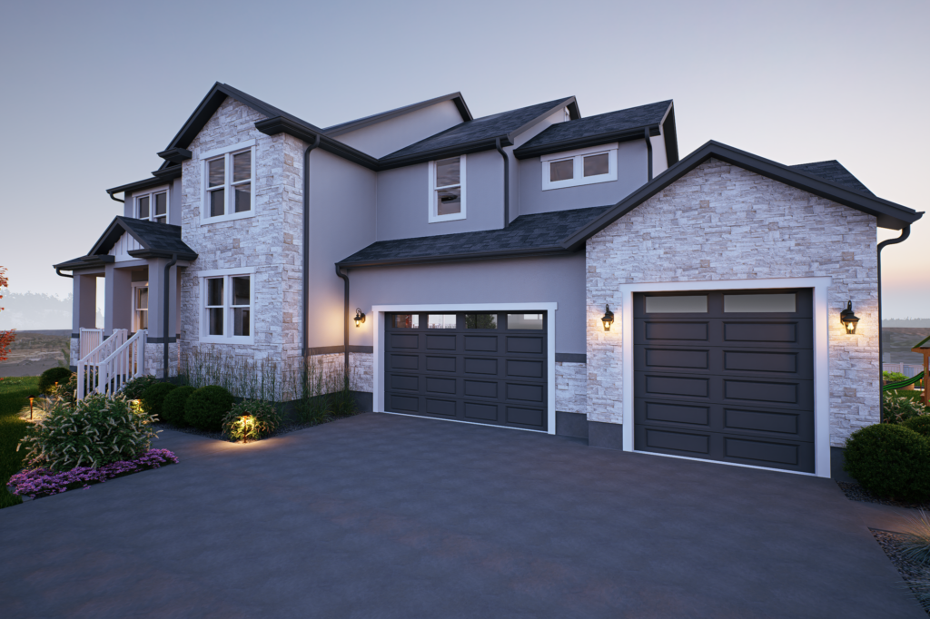 Modern two-story house with stone and stucco exterior, three-car garage, double front steps, and landscaped yard at dusk, showcasing AJA Landscaping Services' quality featured in glowing customer reviews.