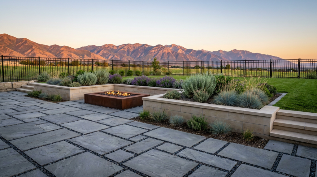 Modern patio with stone tiles, a central fire pit, raised planters, and mountain views at sunset, enclosed by a black metal fence—a perfect reflection of our commitment to service excellence in every detail.