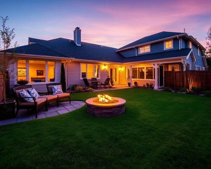 A cozy backyard at sunset sets the scene for your homepage, featuring a glowing fire pit, comfortable patio furniture, green lawn, and a warmly lit two-story house in the background.