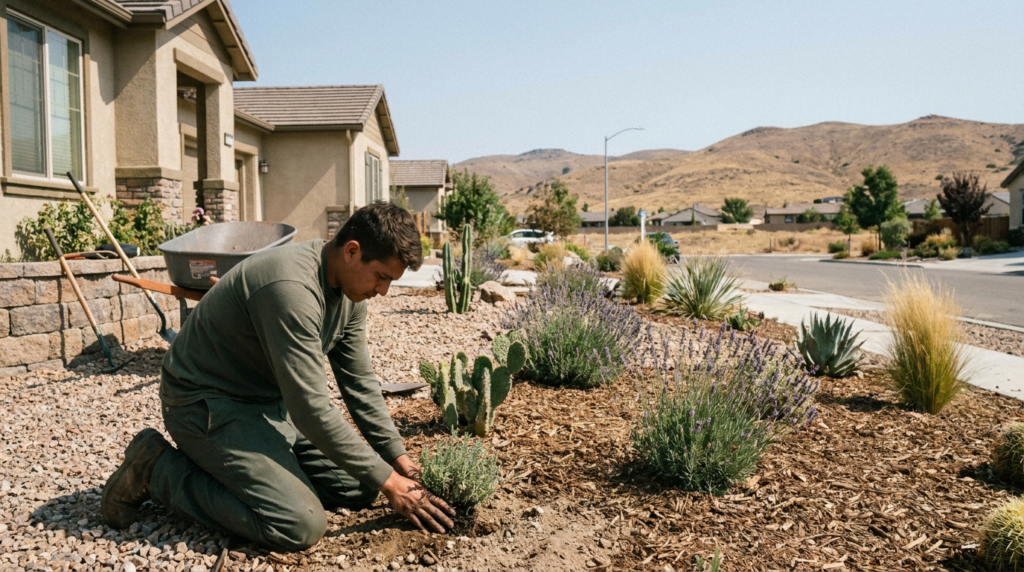 A man kneels in a front yard in Utah, planting a small shrub among desert plants with houses, a wheelbarrow, and dry hills in the background—part of an ongoing irrigation and sprinkler system installation.
