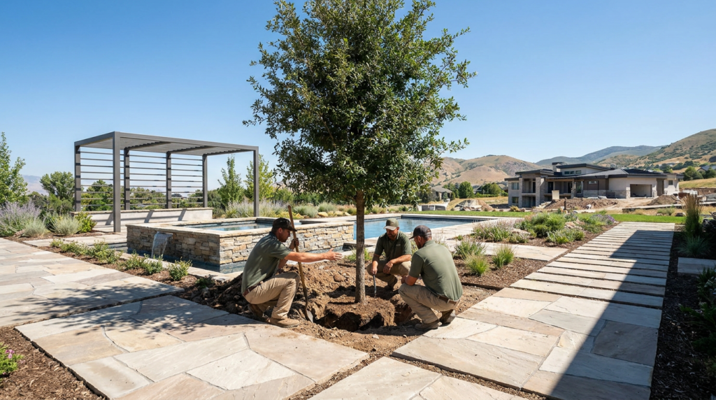 Three workers in uniforms are planting a tree in a landscaped yard with stone paths, a patio structure, and a modern house in the background.