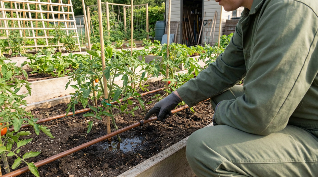 A person in green clothing and gloves checks a drip irrigation system watering tomato plants in a raised garden bed, highlighting the irrigation benefits for a thriving Utah landscape.