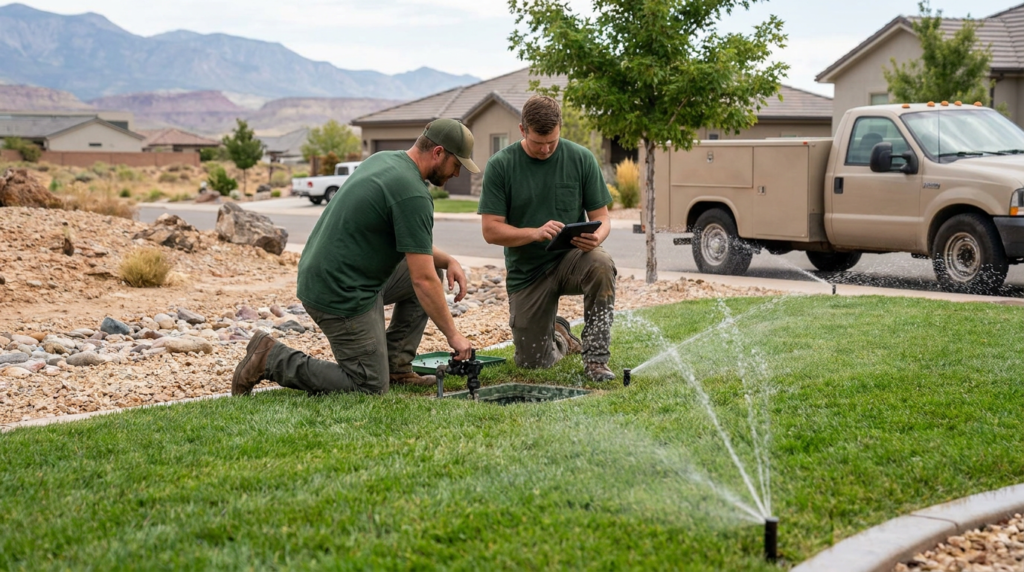 Two workers in green shirts kneel on grass by a sprinkler system, with one adjusting equipment and the other using a tablet as part of a professional sprinkler system installation. A utility truck and houses are visible in the background, highlighting expert irrigation services in Utah.