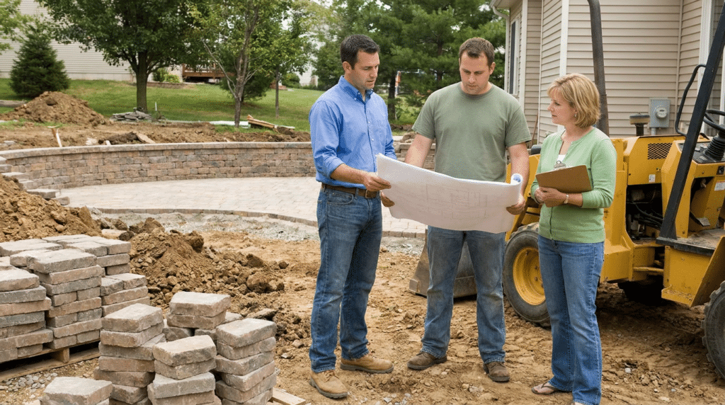 Three people stand at a construction site looking at blueprints, planning a full landscape renovation; bricks, dirt, and heavy machinery surround them.