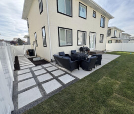 Concrete Patio, Pavers, Grass, Sprinklers, Gardens, Mulch, Deck, Vinyl Fence