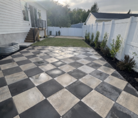 Paver Patio, Sprinklers, Mulch, Garden Beds, Concrete, Deck, Playground Area, Plants