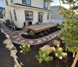 Backyard Renovation- Flagstone Walkway, Xeriscape, Mulch, Rock Retaining Wall, Plants and Trees