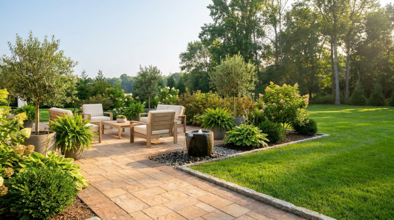 Patio with cushioned wooden chairs and table, surrounded by green plants and trees, overlooking a well-manicured lawn on a sunny day—a perfect setting reflecting our commitment to service excellence.