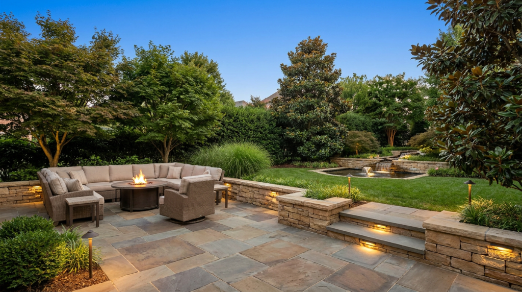 Stone patio with a sectional sofa and fire pit, surrounded by expertly designed landscaping from AJA Landscaping, steps with lights, and a grassy yard featuring small water features—thoughtfully planned to address common concerns about outdoor comfort and beauty.