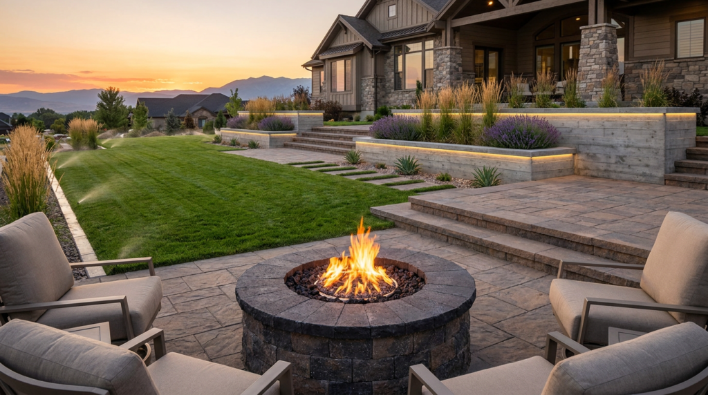 A modern backyard in Salt Lake City with a stone fire pit surrounded by chairs, landscaped lawn, stone steps, and a house in the background at sunset—perfect inspiration for your next landscape design.