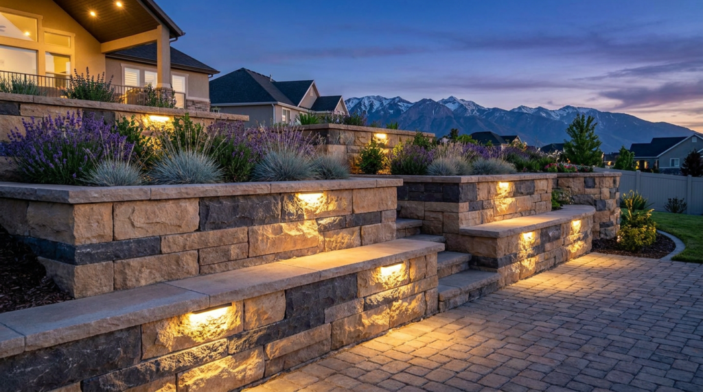 Terraced stone retaining walls with built-in lights illuminate a beautifully landscaped backyard at dusk, showcasing expert retaining wall installation in Utah, with mountains and houses visible in the background.