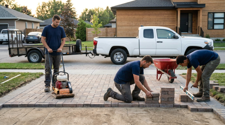 Three men work on a paver driveway installation; one uses a plate compactor while the other two align and level bricks. A white pickup truck is parked nearby.