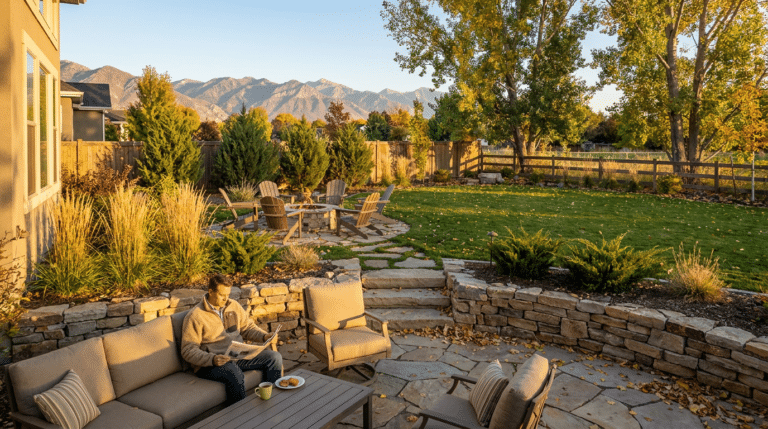 A man reads a newspaper on a stone patio, highlighting the functional landscape layout as it transitions toward a backyard fire pit and mountain views.
