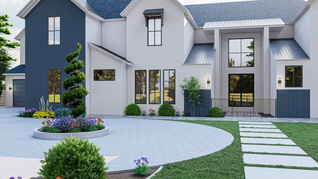 Modern two-story house with blue and white exterior, large windows, landscaped front yard, manicured bushes, stone path, a spiral-shaped topiary in a circular flower bed, and elegant paver driveway installation for added curb appeal.